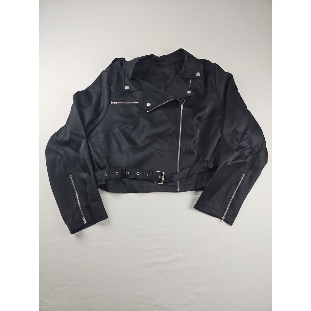 SHEIN Curve Womens 1XL Black Moto Biker Jacket Zip Up Belted Cropped Long Sleeve
